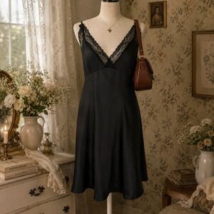Black Satin Lace Trim Slip Dress Sz L Coquette Goth Sleek 90s Style Date Night